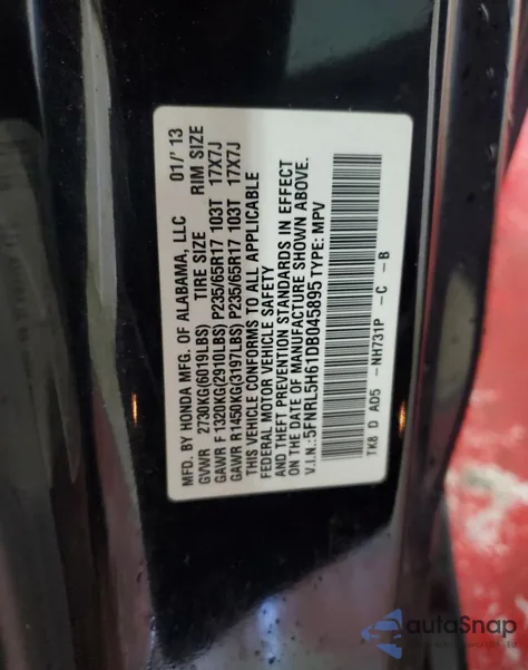 2013 Honda Odyssey Exl from USA, damaged, VIN 5FNRL5H61DB045895